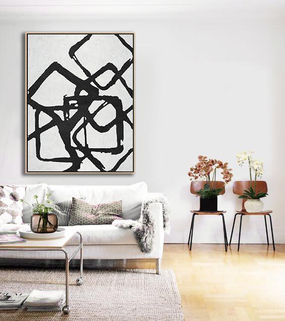 Large Modern Abstract Painting,Black And White Geometric Art Minimal Painting On Canvas - Original Art Acrylic Painting